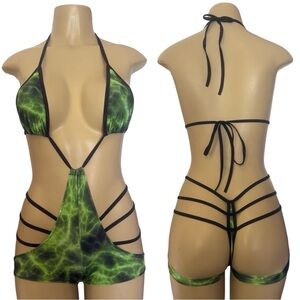 Green Strappy Halter romper thong Bikini Set . Exotic Dancewear . Rave . Sexy